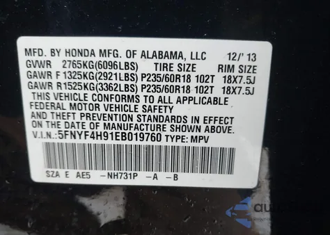 2014 Honda Pilot Touring from USA, damaged, VIN 5FNYF4H91EB019760